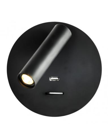 Aplique 3w 4000k Giotto Redondo Negro Puerto Usb  150lm C/interruptor 14x14x12cm Orientb