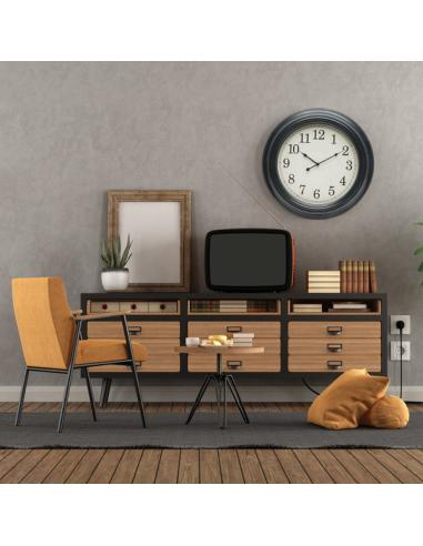 Reloj De Pared Iniko Negro/plata 61d Agujas Retro Gran Tamaño