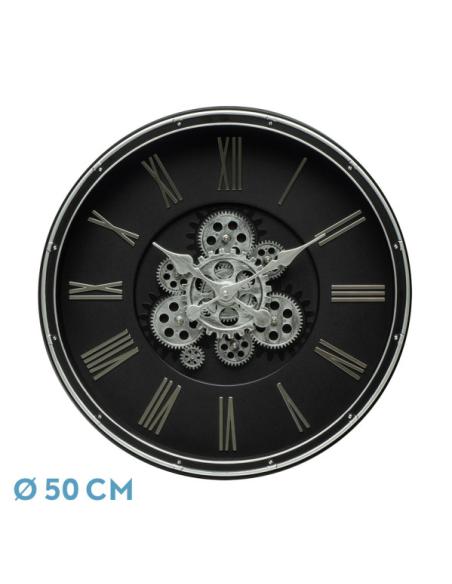 Reloj De Pared Cacin Negro/plata 50x50x6cm Engranajes Con Movimiento